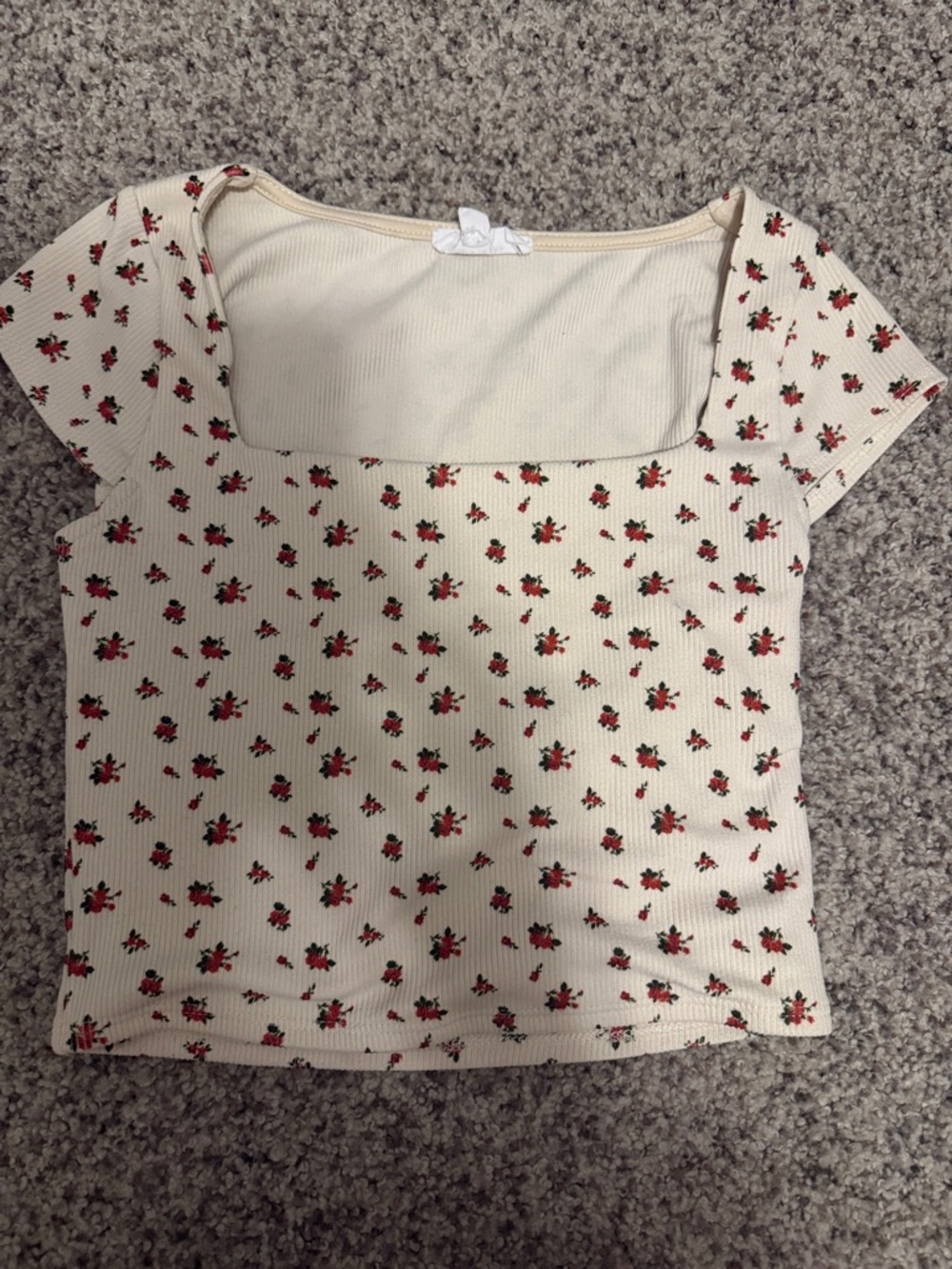Cream Floral Square-Neck Ribbed Crop Top with Red Rose Print